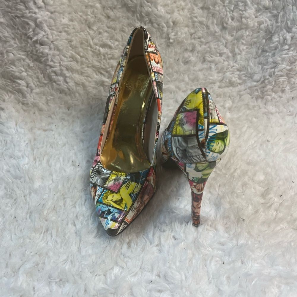 Cape Robbin patent multi color Magazine cover collage print heels pointed toeSZ9